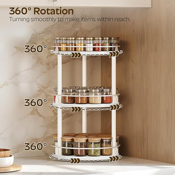 Lazy Susan Organizer, Rotating Spice Rack, 3 Tier Spice Turntable Organizer, Industrial Turntable Spice Holder, for Kitchen Countertop and Cabinet, Compact and Versatile, White SR23WW