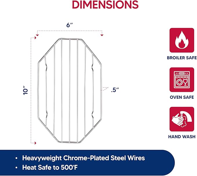 HIC Kitchen Roasting Octagonal Baking Rack, Chrome-Plated Steel Wire, Fits Oval And Smaller Roasting Pans, 10 x 6 x 0.5-Inches