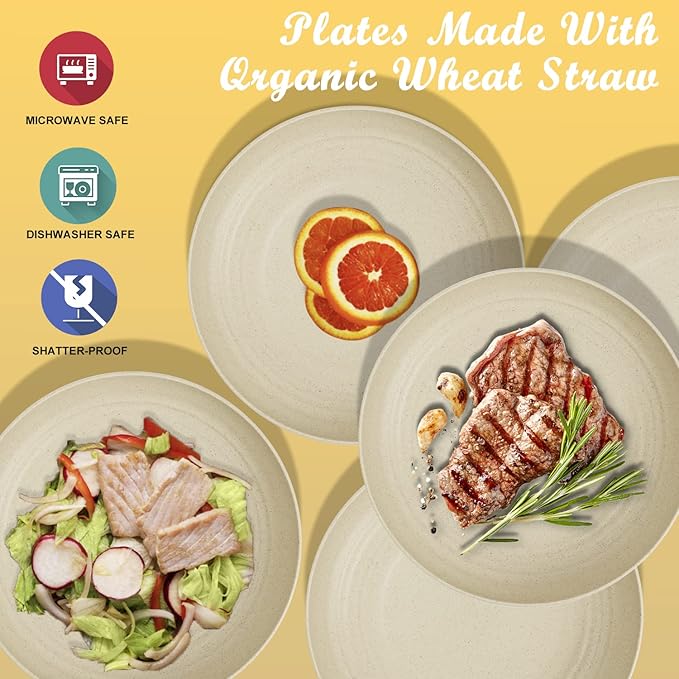 Wrova Wheat Straw Dinner Plates Set of 8 - 10 Inch Unbreakable, Dishwasher & Microwave Safe, Lightweight for Kitchen, R.V. (Beige)