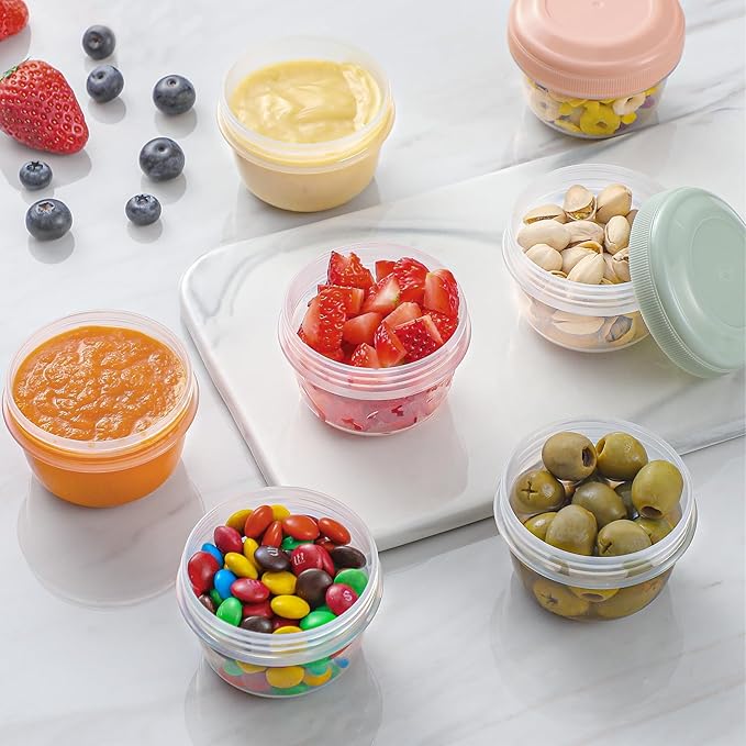 8 Pack Reusable Plastic Containers with Lids - 4 oz Small Deli Containers for Snack, Puree, Dressing & Freezer Use - Dishwasher Safe, BPA Free