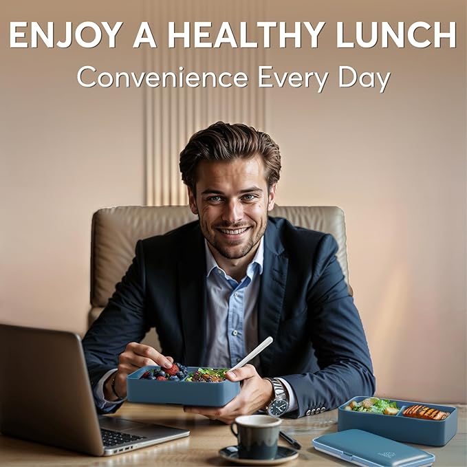 Umami Bento Box Adult All-In-1 w/4 Utensils, Big Sauce Jar, 2 Dividers, 100% Leakproof, Microwave & Dishwasher Safe, Stackable Bento Lunch Box Containers for Men/Women, Denim Blue, 40 oz