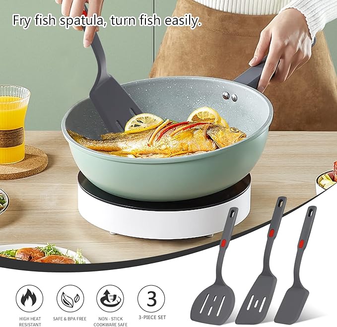 Flexible Silicone Spatula Set For Nonstick Cookware Rubber Silicone Bpa-Free Heat Resistant Heavy Duty Kitchen Turner Large,Slotted Flipper And Small Spatulas For Egg Fish Pancake Cookie (Grey)