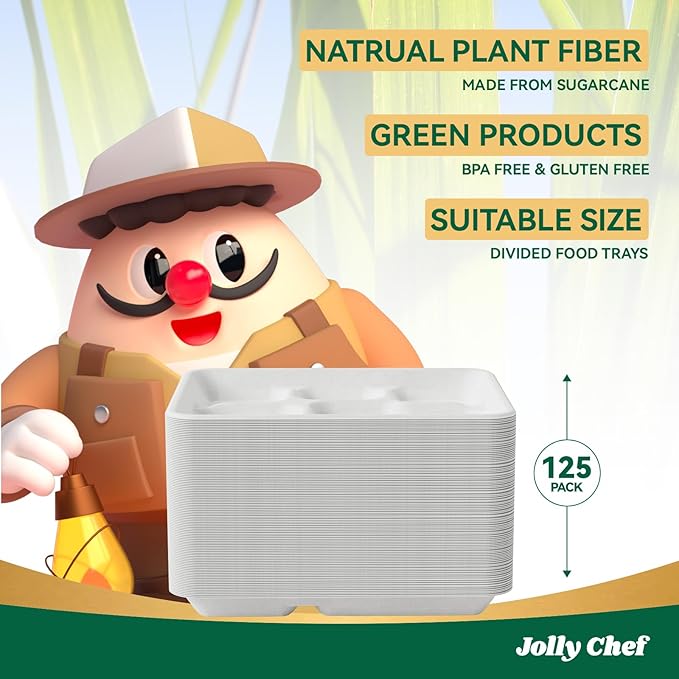 JOLLY CHEF Compostable 𝟱 Compartment Paper Plates 10*8.25*1 𝗶𝗻𝗰𝗵 [𝟭𝟮𝟱 𝗣𝗮𝗰𝗸] Small Heavy Duty Divided Disposable White Eco-Friendly Biodegradable Food Tray for School Lunch Thanksgiving Day