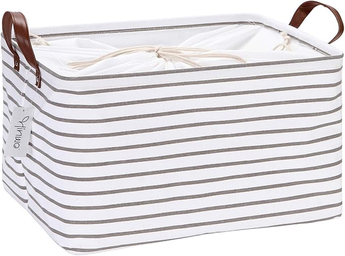 Hinwo 31L Large Storage Bins, Closet Organizers and Storage, Shelf Baskets, Foldable Clothes Storage Baskets with Handles, Containers for Clothing, Blanket, Towels, Toys, Bedding (Gray Stripe)
