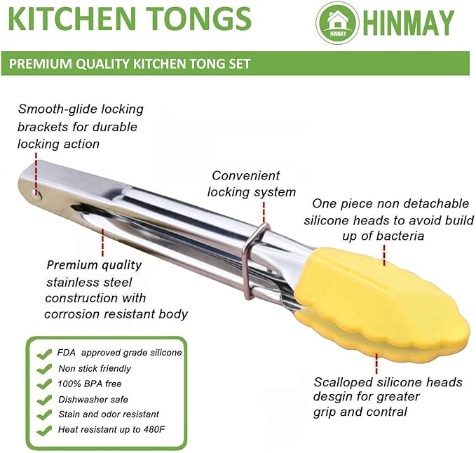 Mini Tongs with Silicone Tips 7-Inch Small Serving Tongs, Set of 3 (Yellow)