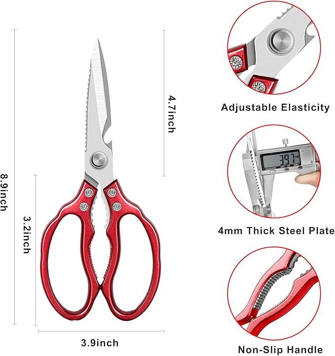 AWinjoy Heavy Duty Sharp Kitchen Scissors, Dishwasher Safe, Cooking Shears for Meat, Chicken, Fish, Poultry, Herb, Bread (Red)
