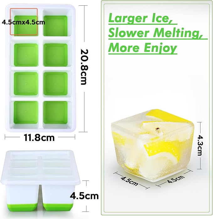 Large Ice Cube Trays with Lid, Jrisbo 2 Pack Stackable Silicone Ice Cube Molds for Freezer, Easy Release 16 Big Square Ice Trays for Whisky Cocktails