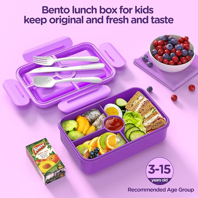 Jelife Lunch Box Kids Bento Box - Large Bento-Style Leakproof 4 Compartments Kids Lunchbox Food Containers with Utensils for Back to School, Reusable On-the-Go Meal and Snack Packing, Purple