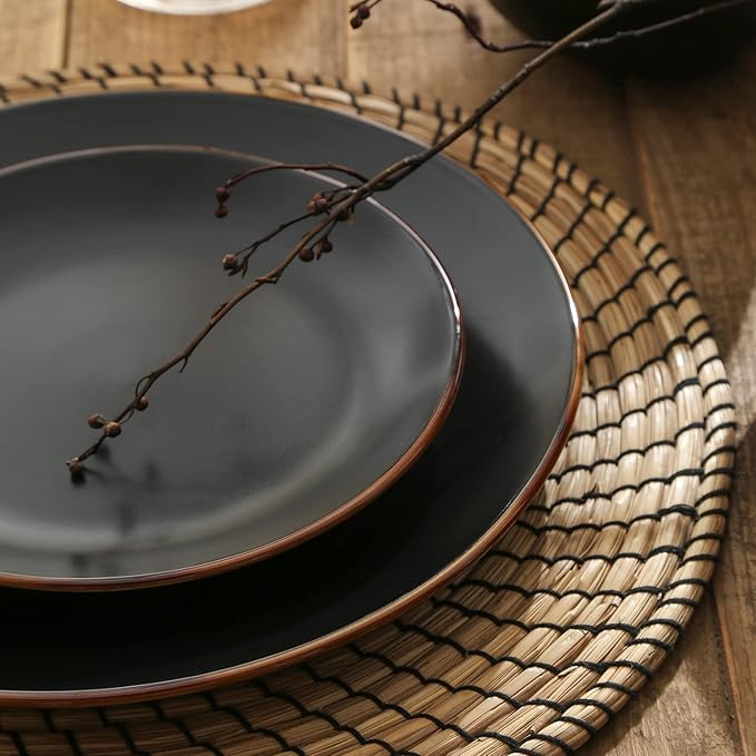Stone Lain Brasa Modern Stoneware 16 Piece Dinnerware Sets, Plates and bowls Sets, Dish Set for 4, Black