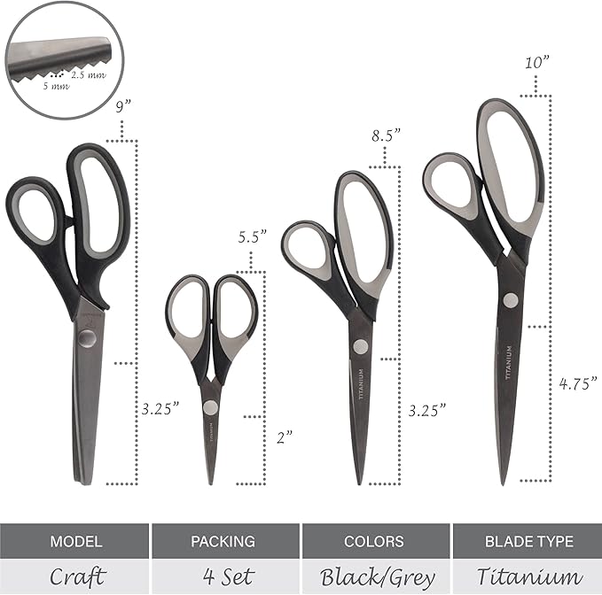 BambooMN Titanium Softgrip Scissors Set - Pinking, Sewing, Arts, Crafts, Office - 3 Sets of 4 - Black w/Grey Inlays
