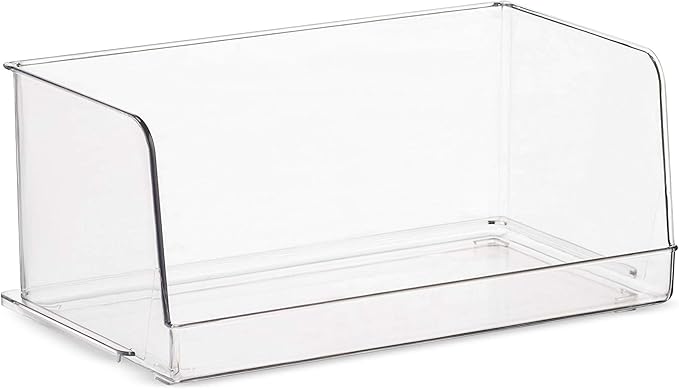 Set Of 4 Clear Pantry Organizer Bins Stackable Household Plastic Food Storage Basket with Wide Open Front for Kitchen, Countertops, Cabinets, Refrigerator, Freezer, Bedrooms, Bathrooms