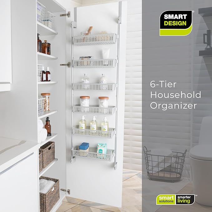 Smart Design Over-the-Door Organizer for Storage – Perfect for Pantry Organization, Bedroom, Bathroom Storage, Playroom, or Kitchen - Adjustable Steel Frame with 6 Baskets & Wall Mount – Grey …