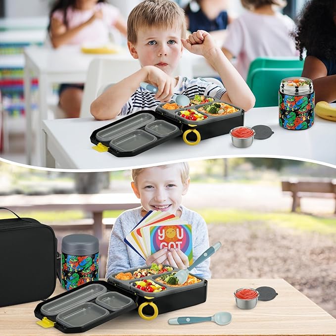 Bento Lunch Box for Kids with 12oz Soup Thermo Leak-Proof Lunch Food Container with 5 Compartment Thermo Hot Food Jar and Insulated Lunch Bag for Kid Toddler Girls Boys to School