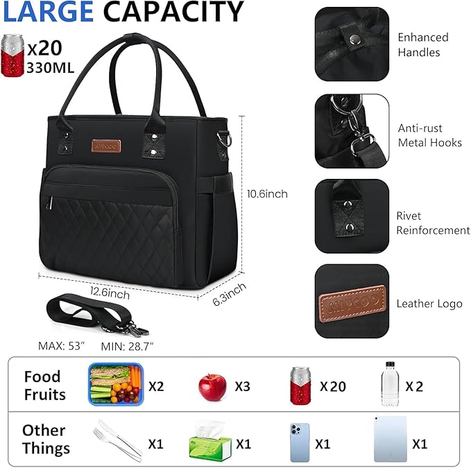 MIYCOO Lunch Bag Lunch Box Women - Leakproof Insulated Lunch Cooler Bag for Men Women - Large Lunch Tote Bags Adults, Black