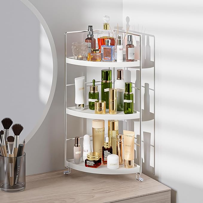 3-Tier Corner Spice Rack Kitchen Bathroom Countertop Organizer Vanity Tray Cosmetic Makeup Storage Standing Shelf, White