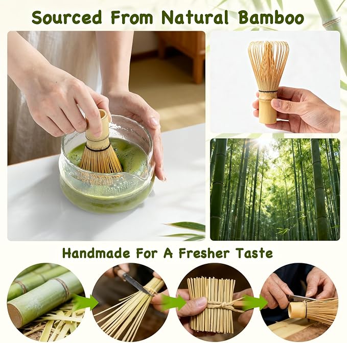 OUTXE Matcha Whisk Set, 7 PCS Matcha Kit for Ceremony, with Clear Matcha Bowl, Spout, Bamboo Whisk& Holder, Stainless Steel Sifter, Japanese Ceremonial Gift for Family/Friend/Macha Lover Starter