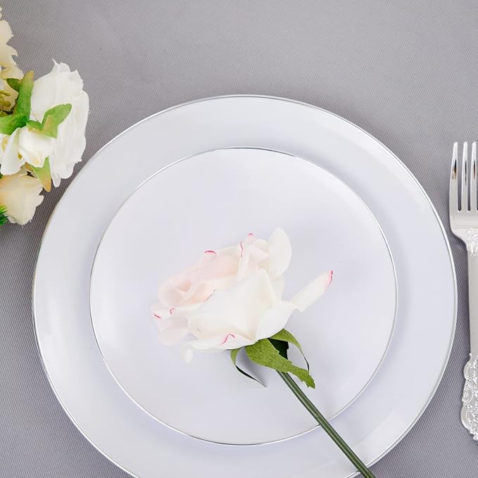 KIRE 100PCS Silver Plastic Plates - Heavy Duty White Disposable Plates with Silver Rim for Party/Wedding - Include 50Pcs 10.25inch Dinner Plates and 50Pcs 7.5inch Dessert Plates for Christmas