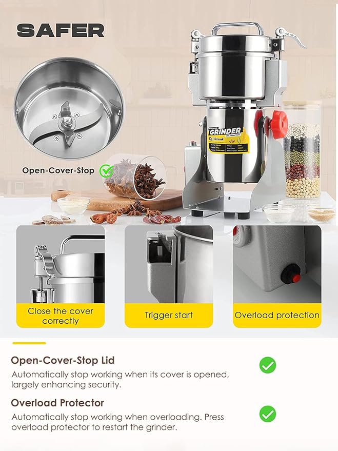 CGOLDENWALL 800g Electric Grain Grinder Mill Safety Upgraded 2400W High-speed Spice Herb Grinder Commercial Superfine Machine Dry Cereals Pulverizer CE 110V (800g Swing Type)