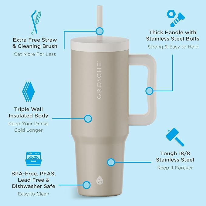 GROSCHE ASPEN 40 oz tumbler with handle and straw. Extreme insulation, classy design, built to last insulated stainless steel tumbler with handle, lid and straw - Sand Beige