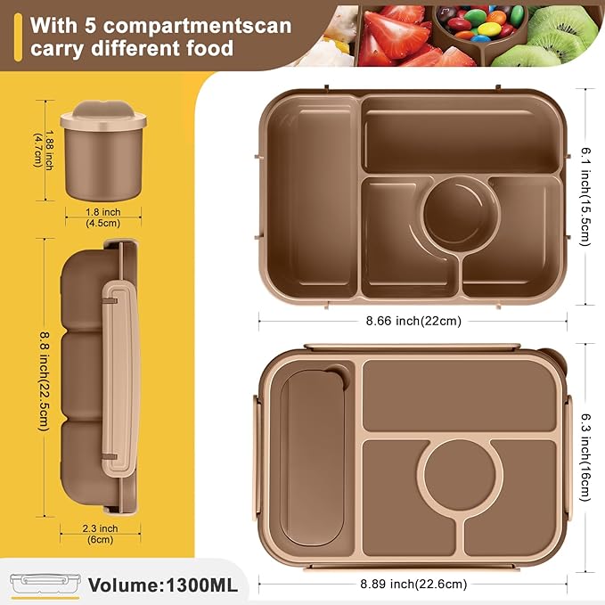 Bento Box Adult Lunch Box Kids,Lunch Containers for Adults/Kids/Toddler,5 Compartments Bento Lunch Box with Sauce Vontainers,Microwave & Dishwasher & Freezer Safe,BPA-Free (Brown)