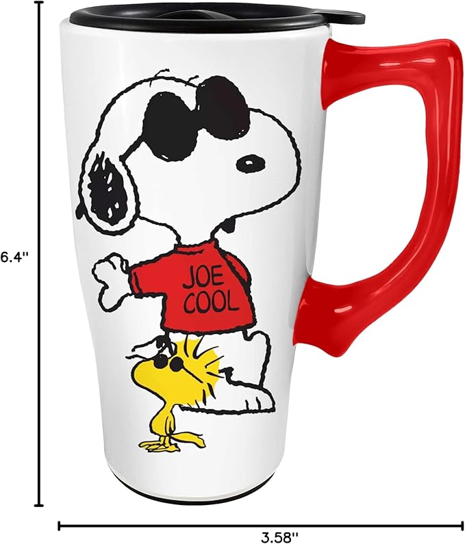 Spoontiques - Ceramic Travel Coffee Mug with Lid and Handle - Spill Proof Lid - Double Walled Mug for Hot and Cold Beverages - Microwave and Dishwasher Safe - Snoopy