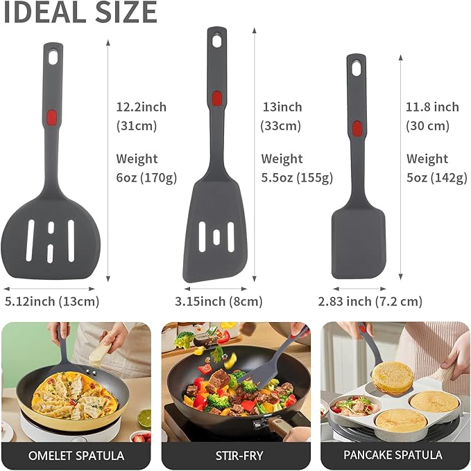 Flexible Silicone Spatula Set For Nonstick Cookware Rubber Silicone Bpa-Free Heat Resistant Heavy Duty Kitchen Turner Large,Slotted Flipper And Small Spatulas For Egg Fish Pancake Cookie (Grey)