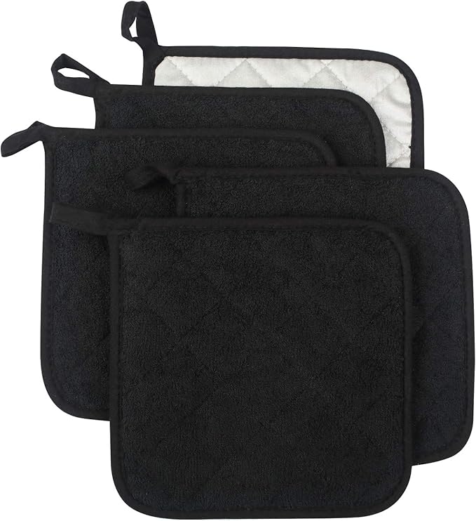 100% Cotton Kitchen Everyday Basic Terry Pot Holder Heat Resistant Coaster Potholder for Cooking and Baking Set of 5 Black