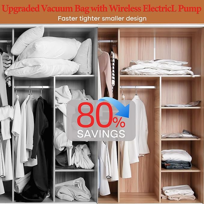 Vacuum Seal Bags for Clothing, 16 Pack Vacuum Storage Bags with Rechargeable Cordless Air Pump(4J+4L+4M+4S), Space Saver Bags for Clothes Blanket Duvets Pillows Comforters Travel