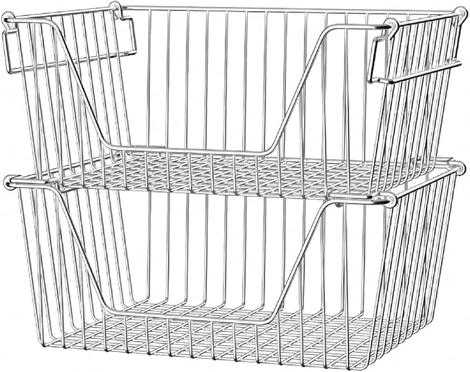 Slideep 14'' Large Stackable Storage Baskets Cabinet Organizer Sturdy Metal Wire Pantry Freezer Bin for Pantry Home Bathroom Kitchen Organization 2 Packs