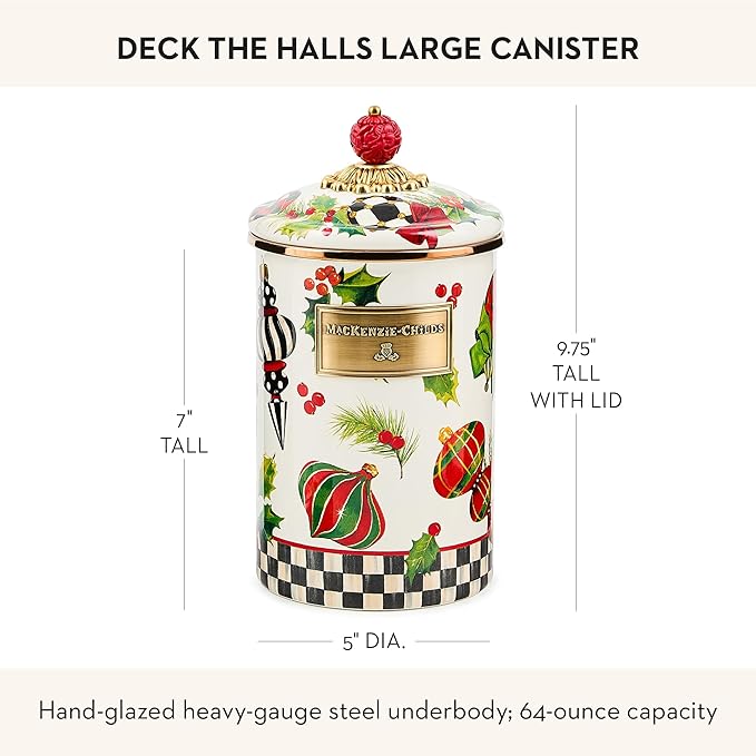 MACKENZIE-CHILDS Enamel Canister, Kitchen Storage Container with Lid, Large, Deck the Halls
