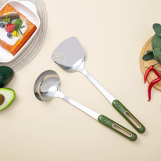 FJNATINH Spatula and Ladle Set - 2 Wok Tools - Universal Ladle and Spatula - Stainless Steel Cooking Utensils and Accessories, 13"-14", Green Handle