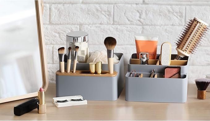 Seville Classics Bamboo Premium Organizer Storage Bins for Kitchen Silverware, Pantry, Closet, Office Desk, Pens, Utensils, Makeup, K Cup, Bamboo/Gray, Desk Caddy