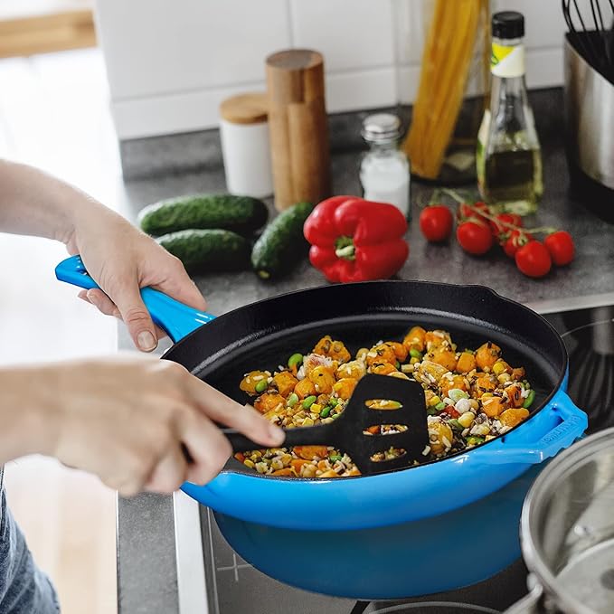 Bruntmor 12'' Blue Pre-seasoned Cast Iron Frying Pan, 12 Inch Oven Safe Skillet, Grill Pan Set, Nonstick Cookware And Bakeware For Casserole Dish