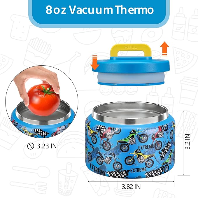 MAISON HUIS 8oz Soup Thermo Wide Mouth Vacuum Insulated Thermo Food Jar, Leak Proof Stainless Steel Thermo for Hot&Cold Food Kids Food Lunch Soup Container for School Travel (Blue-Locomotive)