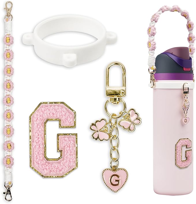 Cute Letter Charm Set Compatible with Owala Water Bottle 24 oz, 32 oz, 40 oz, Owala Kids, Owala Coffee Tumbler, Owala FreeSip – Includes Handle Strap, for Owala Accessories & Stanley Cup Accessories
