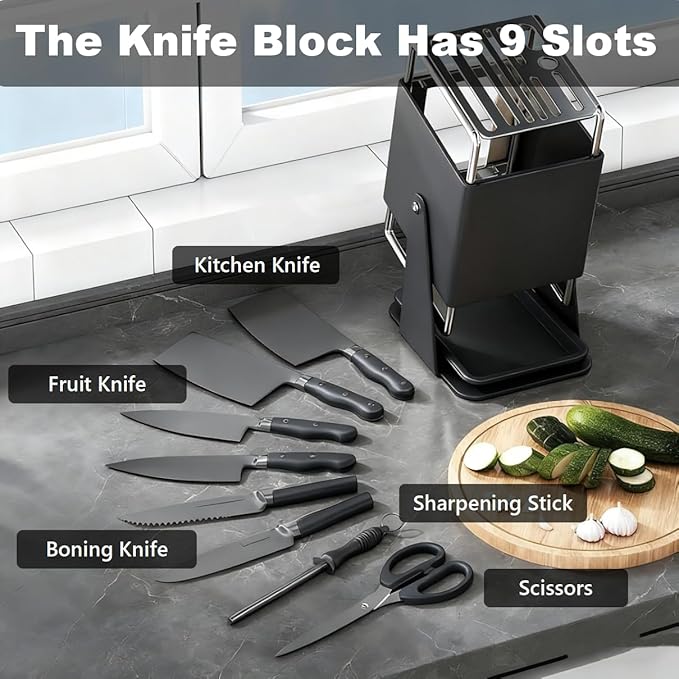 Knife Block Stainless Steel, 30° Rotatable Knife Block 9-Slot Universal Knife Holder,Knives Holder for Kitchen Knives Countertop Storage (Gun Grey)