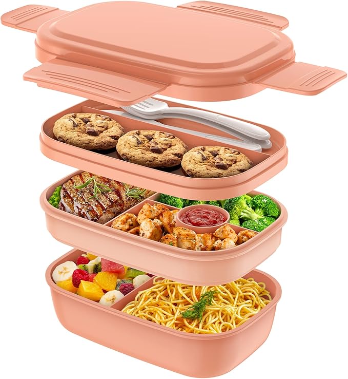 Bento Box Adult Lunch Box,3 Stackable Bento Lunch Containers for Adults/Kids, Modern Minimalist Design Bento Box with Utensil Set, Leak-Proof Lunchbox for Dining Out, Work, Picnic, School