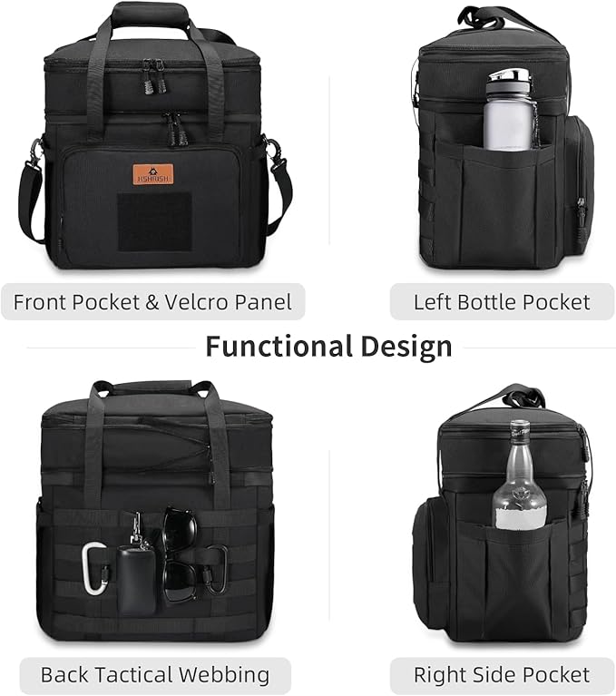 HSHRISH Lunch Box for men, Large Expandable Insulated Lunch Bag, Durable Waterproof Leakproof Tactical Cooler Bag for Adults Men to Work Picnic Beach Day Trips, 24 Cans/16 L, Black