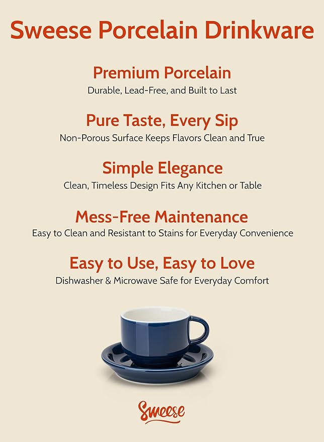 Sweese 2.5 Ounce Porcelain Stackable Espresso Cups with Saucers and Metal Stand Set of 4, Navy