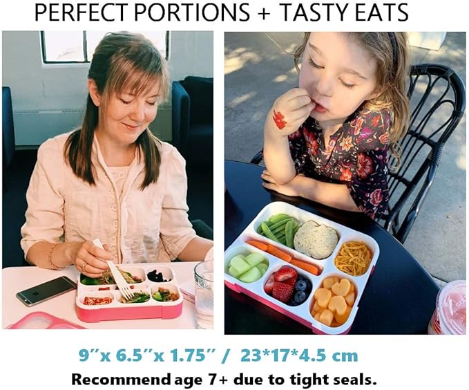 Bento-Box Lunch-box Containers for Kids Girls Toddler Women, 6 Compartment School Portion Container Kit, Meal or Snack Boxes for School Daycare Travel, BPA-Free Pink