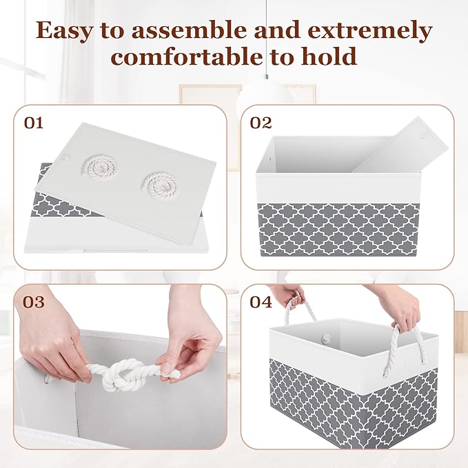 Fab totes Storage Bins [3-Pack], Foldable Storage Baskets for Organizing Toys, Books, Shelves, Closet, Large Storage Box with Rope Handles, Sturdy Organizer Bins,Clover Grey