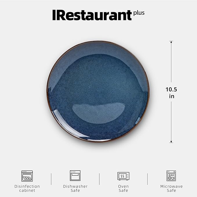 Organic Shape Restaurant Dinner Plates 10.5", Commerical Grade Catering Stoneware Plates in Ir-regular Organic Shape, Chip & Scratch Resistant, Glossy Reactive Glaze Blue, Case of 12