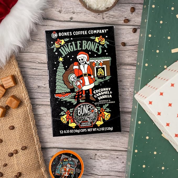 Bones Coffee Company Jingle Bones, Caramel Vanilla Coconut Flavored Coffee Pods, Low Acid Medium Roast Single-Serve Bones Cups, Compatible with 1.0 & 2.0 K-Cups Brewers Coffee Maker, 12 Count