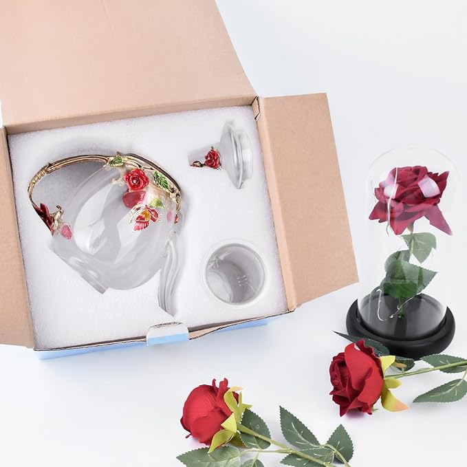 Enamel Glass Flower Tea Pot With Removable Loose Tea Leaf Infuser Tea Maker Teapot Set 30.4OZ Gifts for Women,Mom,Birthday