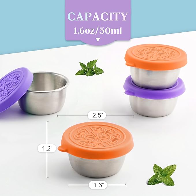6x1.6 Oz Salad Dressing Containers With Lids, Small Leakproof Reusable Stainless Steel Salad Dressing Container To Go For Lunch Boxes,Sauce containers, Picnics,Travel Meal Prep And Kitchen Storage.