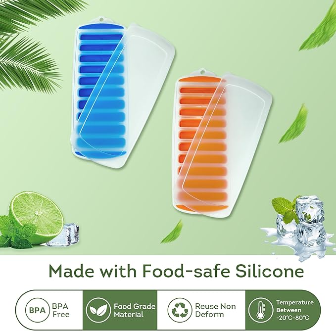 Lily's Home Silicone Ice Cube Tray with Lid Set of 2, BPA-Free, Ideal for Water Bottles & Sports Bottles, Flexible & Stackable Design for Quick Release, Ice Cube Trays for Freezer(11.81"*4.72"*0.95")