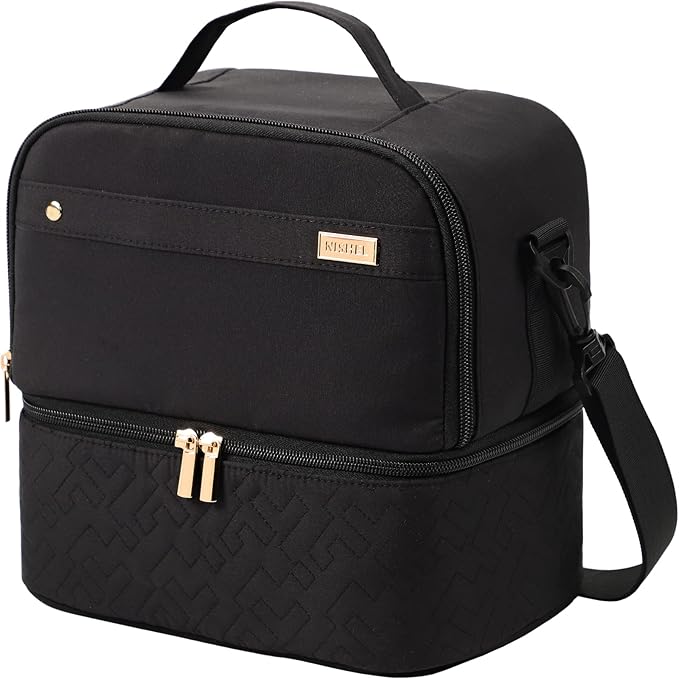 NISHEL Lunch Bag for Women, Insulated Two Separate Compartments Meal Box with Adjustable Shoulder Strap, Leakproof Cooler Case for Work, Black
