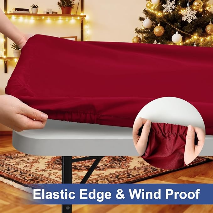 homing Rectangle Table Cloth Cover, Waterproof Polyester Elastic Fitted Tablecloth, Fits for 8 Foot Folding Tables, Washable Table Protector for Picnic, Camping, Outdoor (Wine Red, 30" x 96")