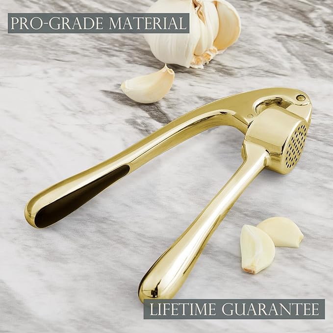Kitessensu High Effective Garlic Press With Studs, Heavy Duty Garlic Mincer, Easy to Squeeze and Clean, Rust Proof & Dishwasher Safe, Ginger Crusher - Golden