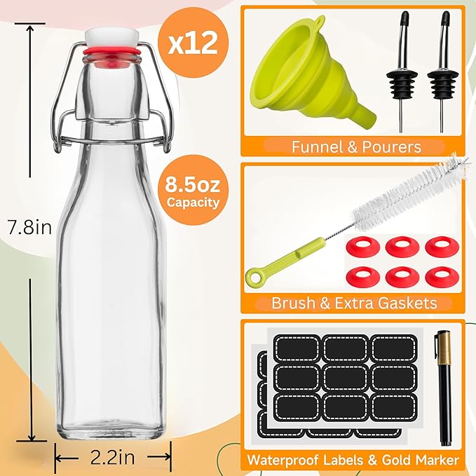 WILLDAN Set of 12-8.5oz Swing Top Glass Bottles - Flip Top Brewing Bottles For Kombucha, Kefir, Vanilla Extract, Beer - Airtight Caps and Leak Proof Lids, Bonus Gaskets and Funnel